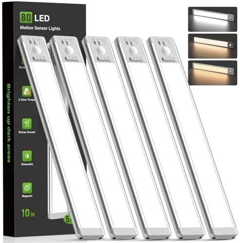 MCGOR 5 Pack 10inch Under Cabinet Lighting with 3 Color Temps, Rechargeable Motion Sensor Light