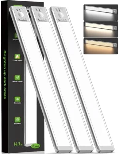 MCGOR 3 Pack 14.7inch Under Cabinet Lighting with 3 Color Temps, Rechargeable Motion Sensor Light