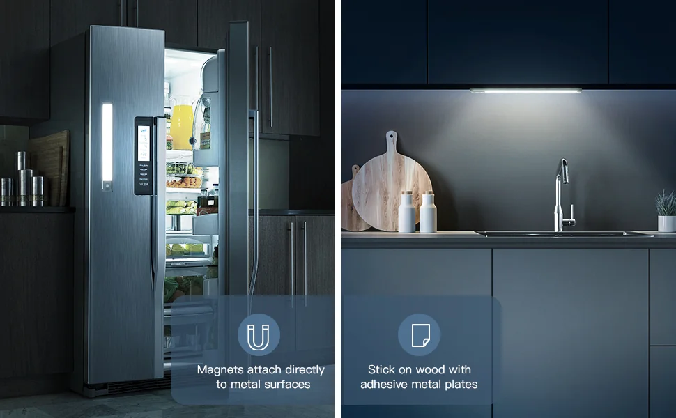 MCGOR LED light features diagram — motion sensor, brightness, modes