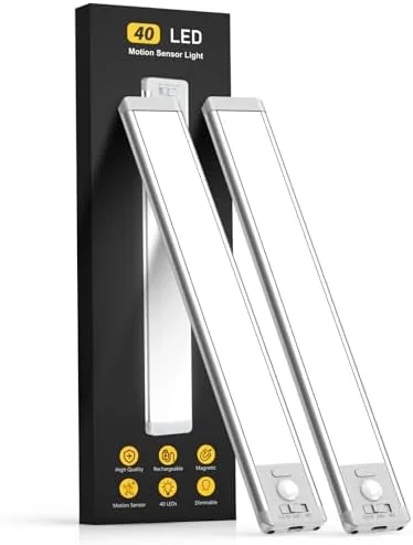 MCGOR 10inch Under Cabinet Lighting 2 Pack, Rechargeable Motion Sensor Light, 5 Levels Dimmable, White